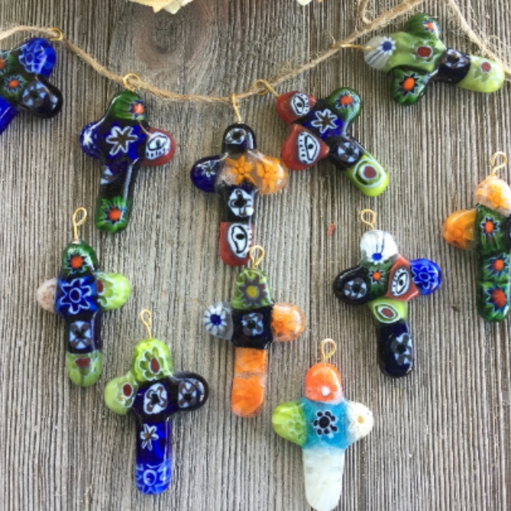 5 Murano Millefiori Glass Cross Pendants